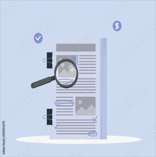 Newspaper and Magnifying glass. Vector illustration of magnifying glass. a newspaper and floating a magnifying glass - vector. News search. 328 photo