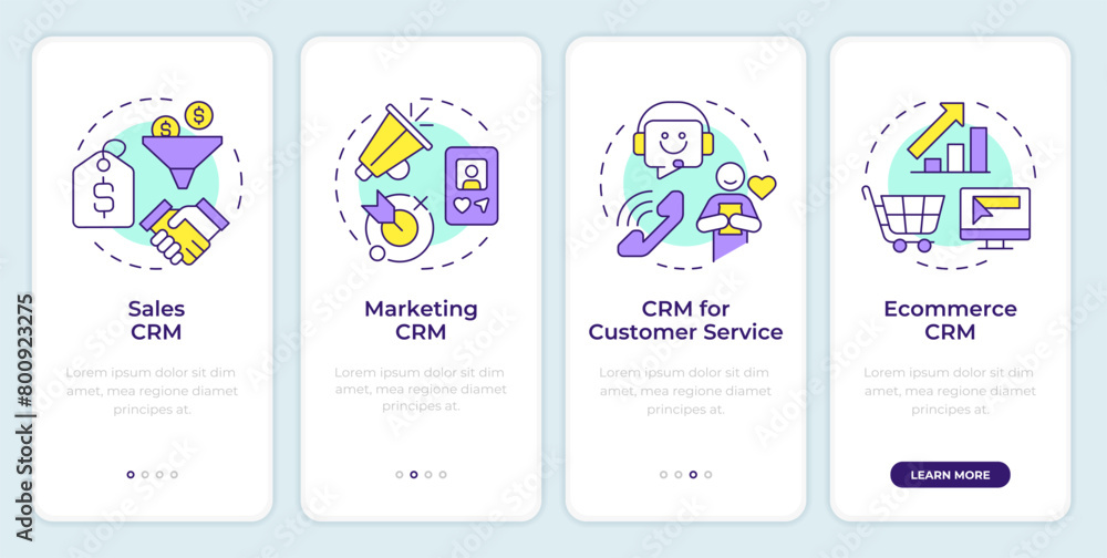 CRM types onboarding mobile app screen. Marketing automation. Walkthrough 4 steps editable graphic instructions with linear concepts. UI, UX, GUI template. Montserrat SemiBold, Regular fonts used