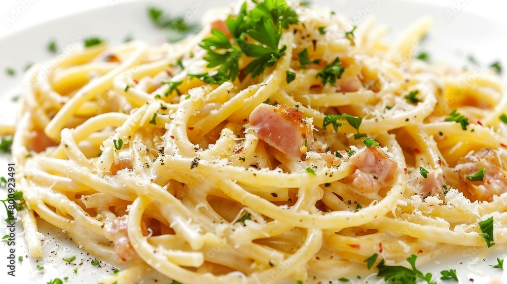 Vibrant close-up of spaghetti carbonara with creamy sauce, garnished with parsley, isolated on white, studio lighting Vibrant close-up of spaghetti carbonara with creamy sauce, garnished with parsley, isolated on white, studio lighting