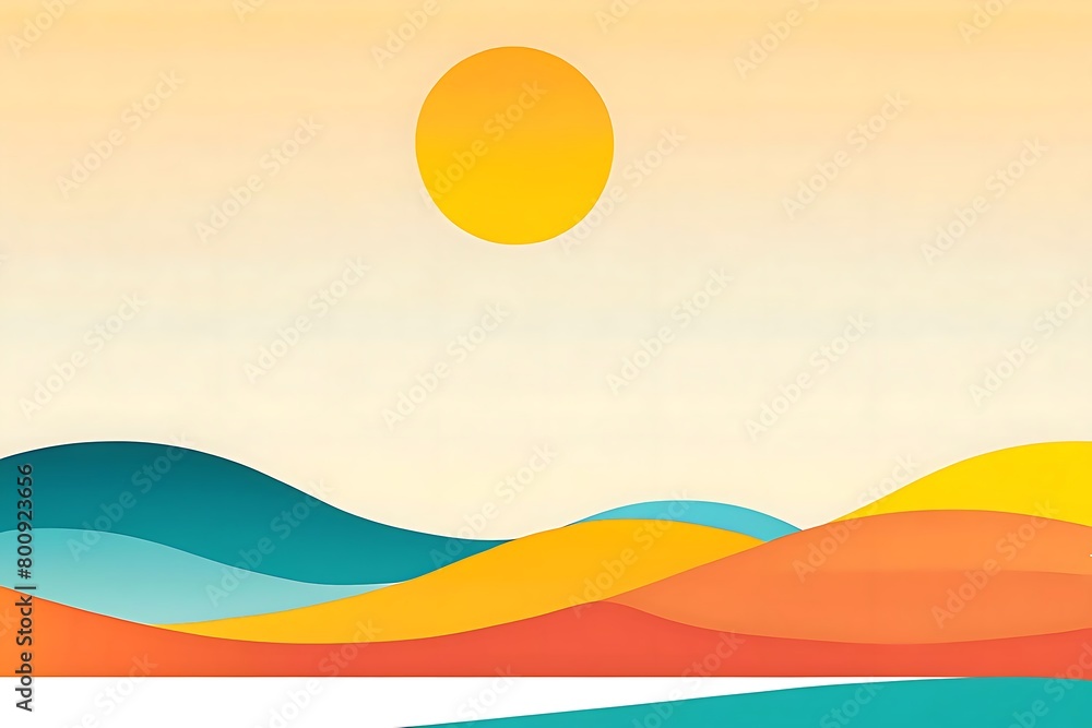  Abstract minimal summer horizontal poster, cover, and card with bright sun in the blue sky. Summer holidays, journey, vacation travel illustration. 