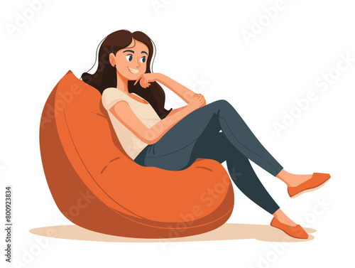 waiter background, Girl lounging on a comfortable bean bag chair., very simple and isolate in the style of animated illustrations, waiter background