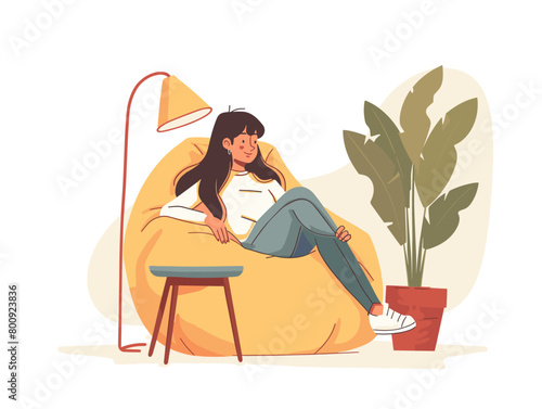 waiter background, Girl lounging on a comfortable bean bag chair., very simple and isolate in the style of animated illustrations, waiter background