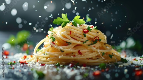 Twirl of spaghetti aglio e olio with chili flakes and fresh parsley, high contrast studio lighting photo