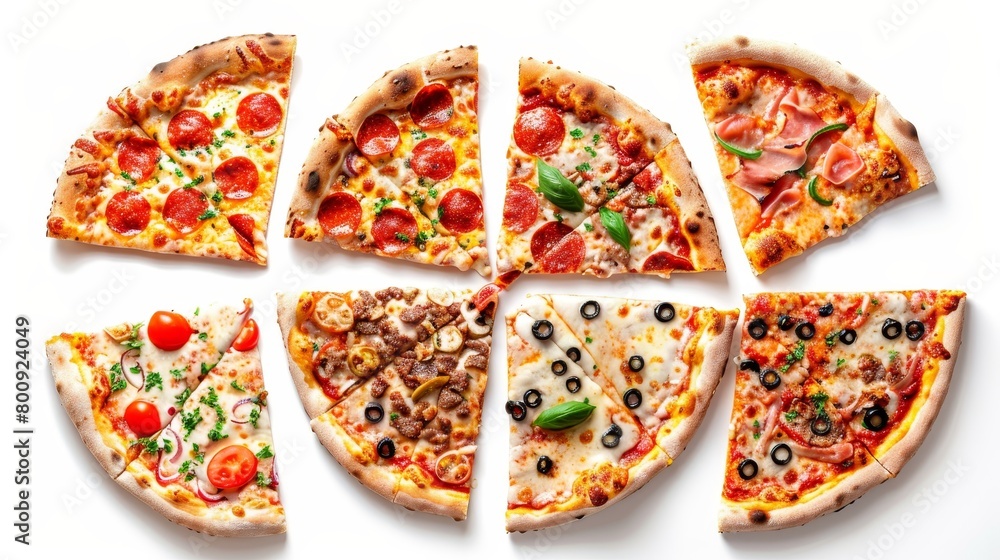 Top view of New York-style pizza slices arranged artistically, vibrant colors, isolated on white background, studio lighting, hyper-realistic textures Top view of New York-style pizza slices arranged artistically, vibrant colors, isolated on white background, studio lighting, hyper-realistic textures