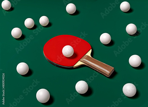 Table tennis racket on playing table surrounded by balls