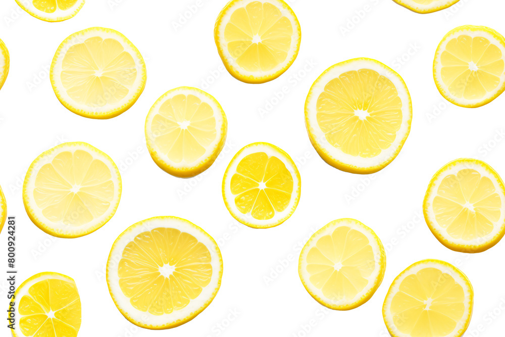 Slices of lemon in different shapes scattered over a transparent background, creating a fresh citrus pattern. Generative AI
