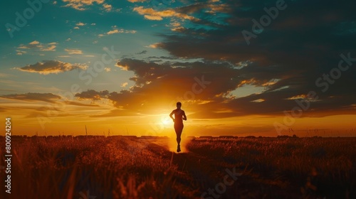 A captivating image of a runner's silhouette against a vibrant sunset, capturing the energy and determination of the sport on Global Running Day. #800924204