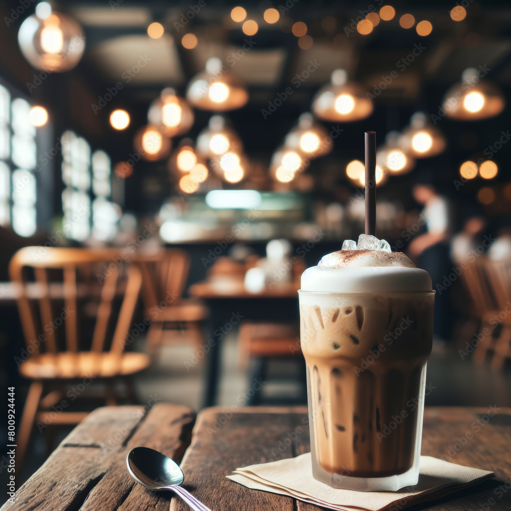 Iced coffee frappe served casually with a blurred cafe setting behind. AI generated.