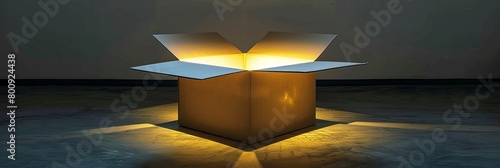 Mysterious glow  square cardboard box reveals golden light, sparking curiosity and wonder