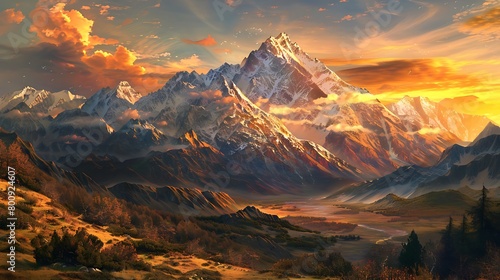 A majestic mountain vista, with snow-capped peaks towering over a tranquil valley, while a golden sunset bathes the landscape in warm hues photo