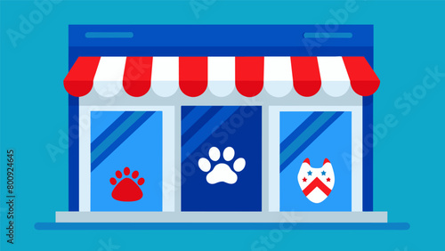 A pet store window showcasing red white and blue bandanas and toys for furry friends to celebrate Independence Day.. Vector illustration