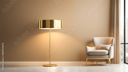 A room with a gold lamp and a white chair photo