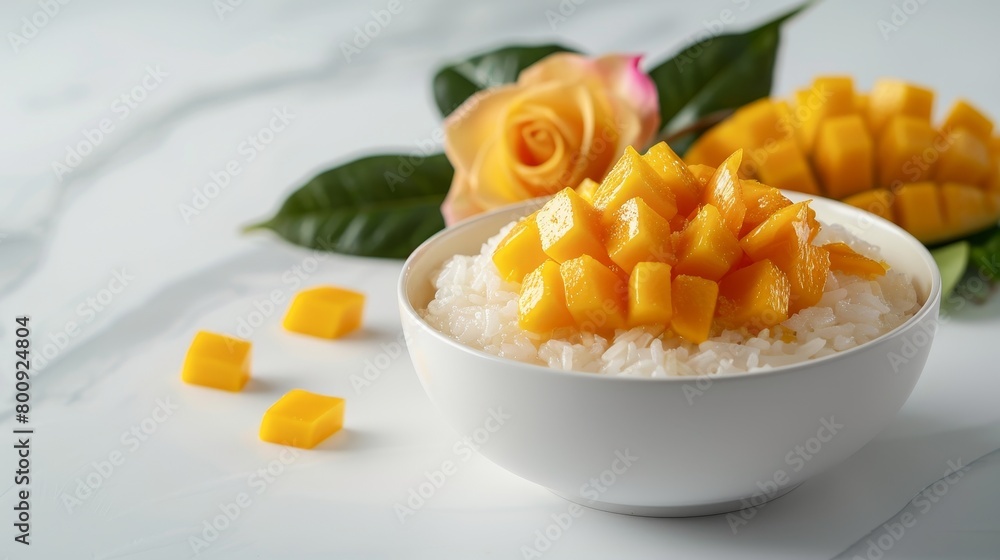 Thai mango sticky rice, beautifully presented with a mango rose, contrast against a stark white background Thai mango sticky rice, beautifully presented with a mango rose, contrast against a stark white background