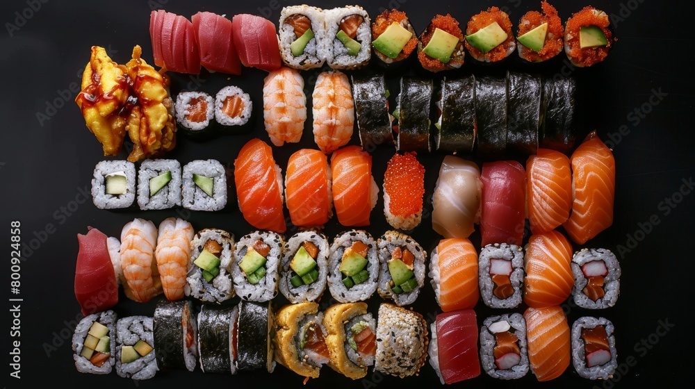 Sushi delicacies, top view, assorted colorful sushi, including rolls and sashimi, fresh seafood, sticky rice, seaweed wraps, presented with ginger and wasabi, solo background, studio illumination