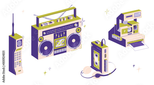 Retro technology set - record player, instant camera, cell phone, cassette player with headphones. Vintage devices from the 1980s - 1990s. Vector illustration