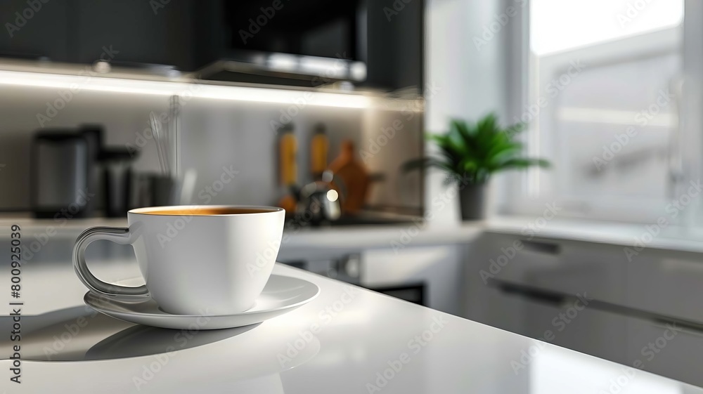 cup of coffee in white kitchen, Generative AI,