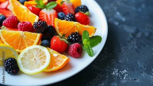 Summery fruit salad with citrus slices and berries, garnished with mint, served on a minimal white plate, capturing freshness