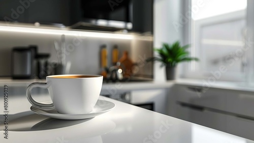 cup of coffee in white kitchen, Generative AI,