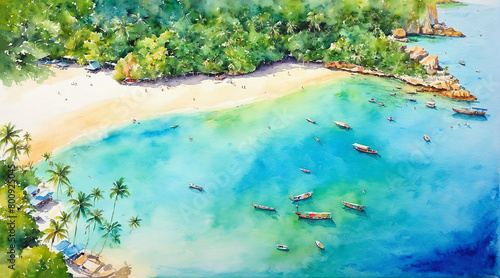 Aerial view of beautiful paradise tropical island  white sand and blue sea  watercolor painting style  generative AI.