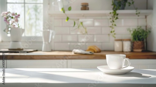 cup of coffee in white kitchen, Generative AI,