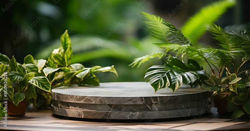 Photo of a wooden podium with tropical plants in the background for product presentation Photo of a wooden podium with tropical plants in the background for product presentation