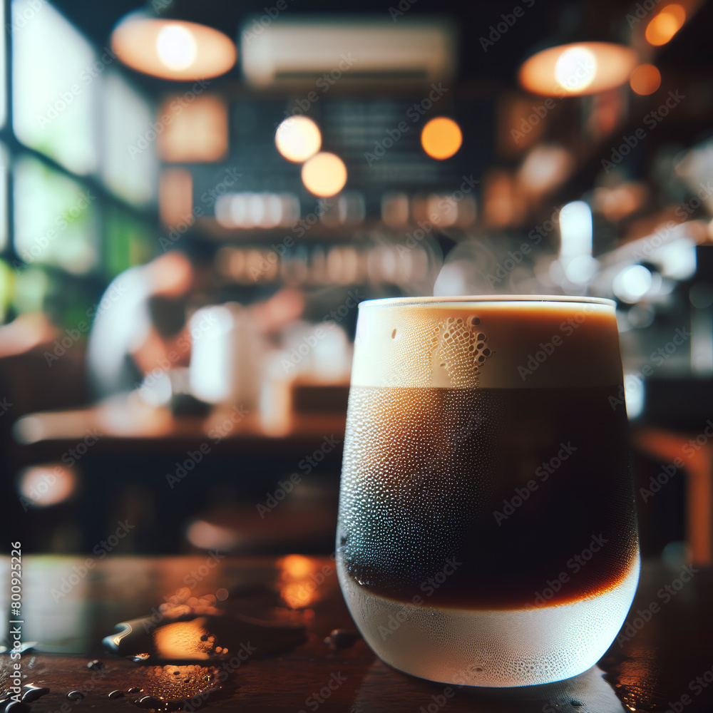 Nitro coffee served in a clear glass, cafe blurred in the distance. AI generated. Nitro coffee served in a clear glass, cafe blurred in the distance. AI generated.