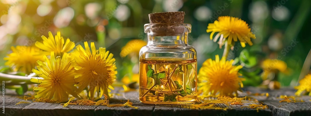 dandelion essential oil in a bottle, Generative AI, dandelion essential oil in a bottle, Generative AI,