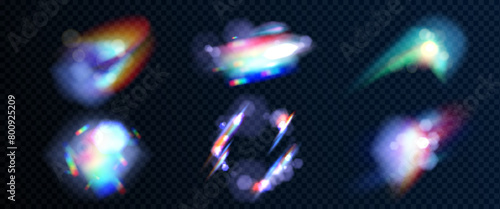 Prism light flare. Rainbow diamond glass effect. Crystal gem burst lens shine abstract vector overlay. 3d iridescent sparkle with refraction texture set. Bright optical glow on transparent background.