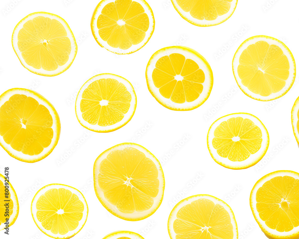 Slices of lemon in different shapes scattered over a transparent background, creating a fresh citrus pattern. Generative AI