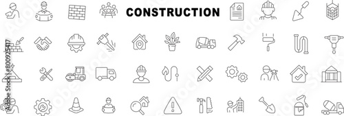 Construction icon vector illustration featuring hand drawn line icons. Includes building, engineering, tools, architecture, workman, helmet, brickwork. Perfect for construction and engineering