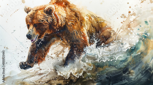 Watercolor painting illustrating a bear catching fish in a fast river