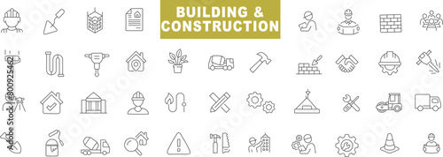 Building and Construction line icon vector illustration set. Simple line design icons set featuring tools, blueprint, safety helmet. Perfect for industry, architecture, engineering