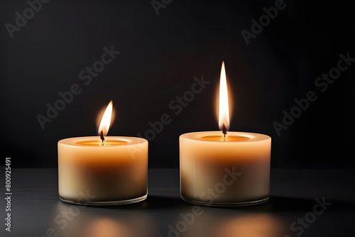 Black background with scented candles burning and fragrant candles on a white table