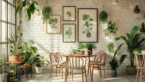 A modern kitchen with stainless steel appliances complemented by a trio of botanical prints in gold frames. Ai generated