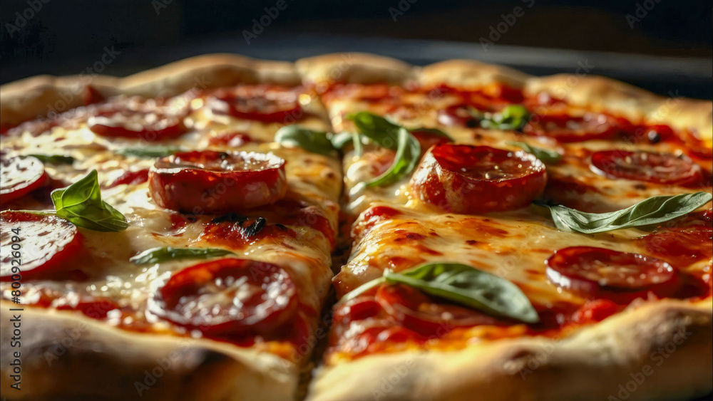 Pizza with mozzarella, tomatoes and basil on a dark background Pizza with mozzarella, tomatoes and basil on a dark background