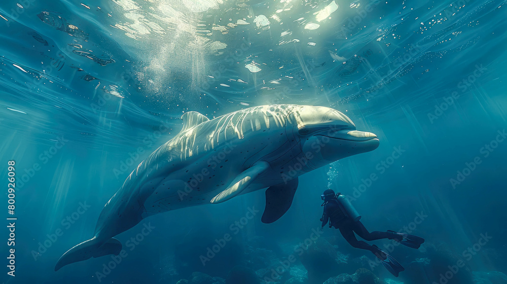 Fototapeta premium Dolphin swimming in the ocean with sun rays and sunbeams