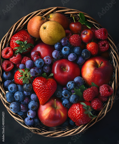 Basket filled with assorted berries and apples  a natural food superfood produce