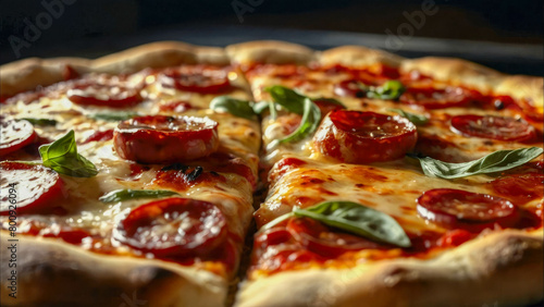 Pizza with mozzarella, tomatoes and basil on a dark background