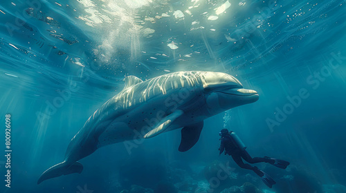 Dolphin swimming in the ocean with sun rays and sunbeams