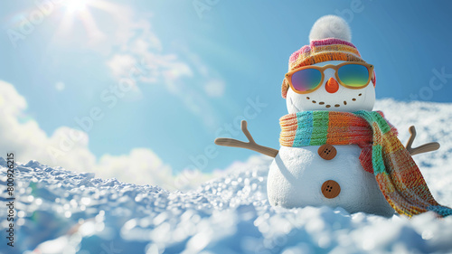 A whimsical 3D snowman wearing sunglasses and a colorful scarf, soaking up the winter sun on a snowy hill, playful CGI design. Ai generated photo
