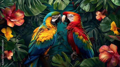 A pair of colorful parrots engaged in a tender courtship ritual, beaks gently touching, amidst a riot of tropical blooms and emerald leaves
