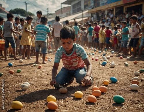 Depict a scene of children playing games like pescaria (fishing game) and corrida do ovo (egg race) at a São João fair.
 photo