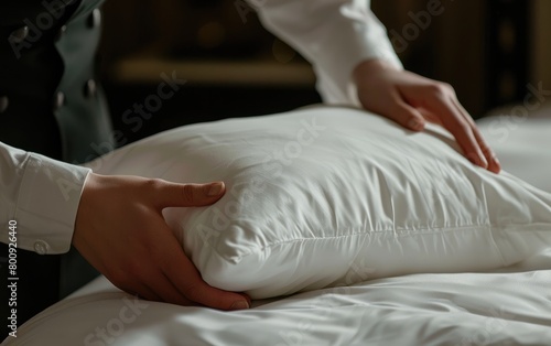 A Professional Chambermaid's Precise Hand Placement, Detailed View, In Focus