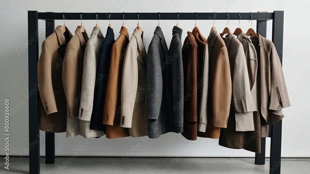 Various coats in neutral colours, arranged in a capsule wardrobe for a modern, luxury man against a white background. assembling chic closets, creating seasonal capsule wardrobes for effortless dressi