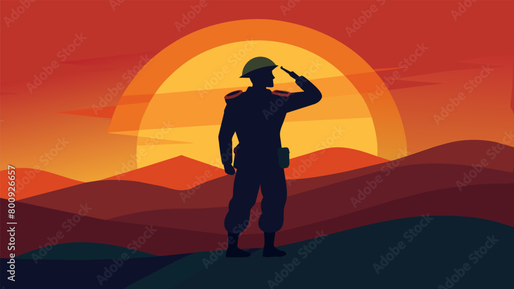 Sunset Salute A dynamic image of a soldier saluting while in motion their shadow elongated against the vibrant hues of a setting sun a powerful. Vector illustration