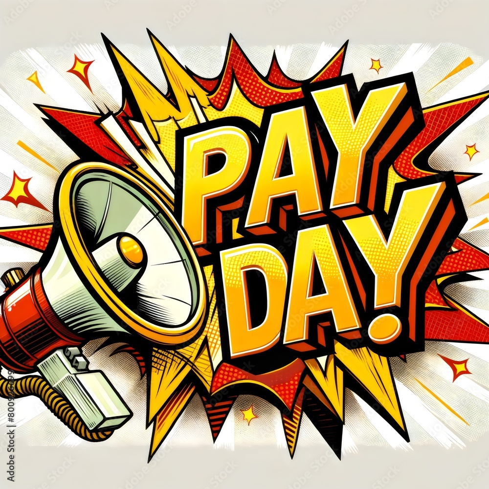  lively depiction of payday excitement, rendered in a classic comic book style. A loud megaphone blasts the message 