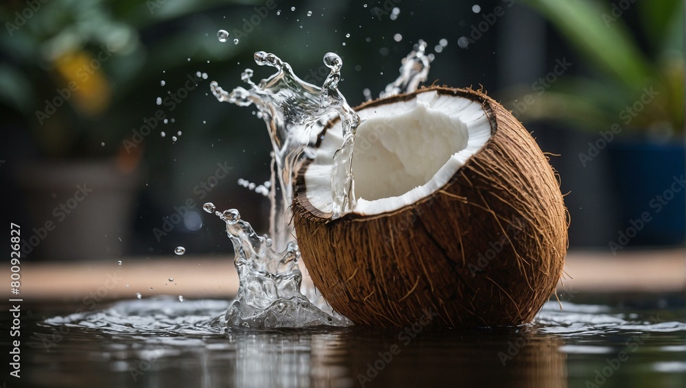 A fresh coconut cracked open with water splashing out, capturing a moment of freshness on a wooden surface A fresh coconut cracked open with water splashing out, capturing a moment of freshness on a wooden surface