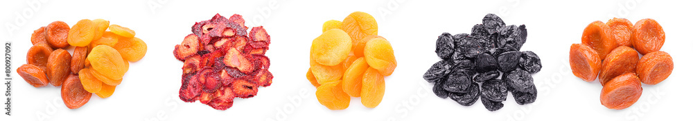 Set of different dried fruits on white background, top view Set of different dried fruits on white background, top view