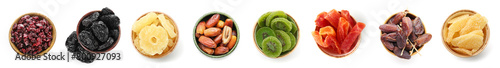 Set of different dried fruits on white background, top view
