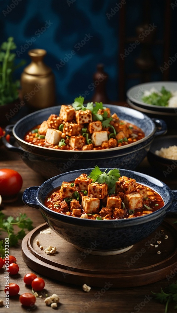 Fototapeta premium Traditional Mapo tofu served in a rich, spicy sauce in a deep blue bowl with herbs on top